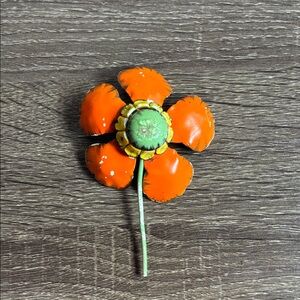 Vintage Orange and Green Metal Flower Brooch